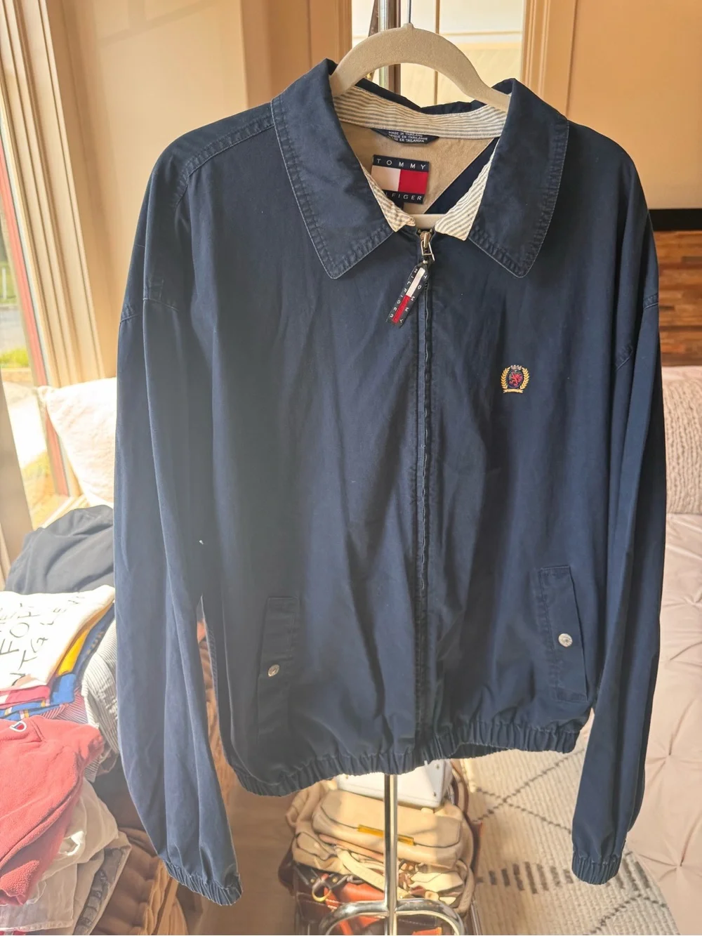 🔥 Vintage 90s Y2K Tommy Hilfiger Navy Lion Crest Zip Harrington Jacket Men’s XL